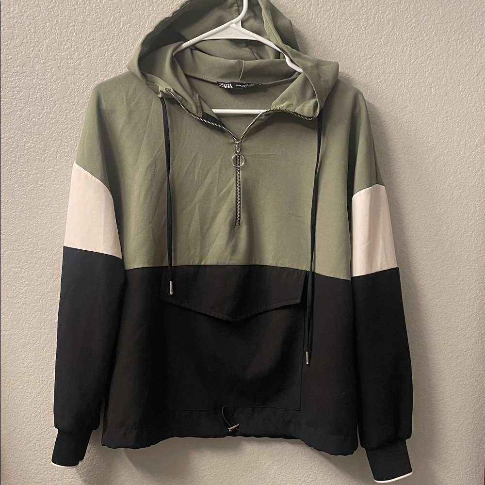 Zara Olive Green & Black Colorblock Pullover Hoodie
